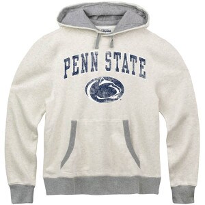 heather oatmeal hooded sweatshirt with distressed Penn State arched above Athletic Logo